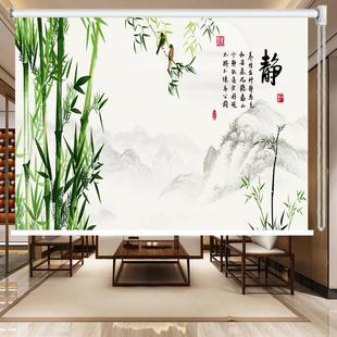山水风景画手拉客厅遮阳防水防晒窗帘 定制卷帘办公室免打孔新中式