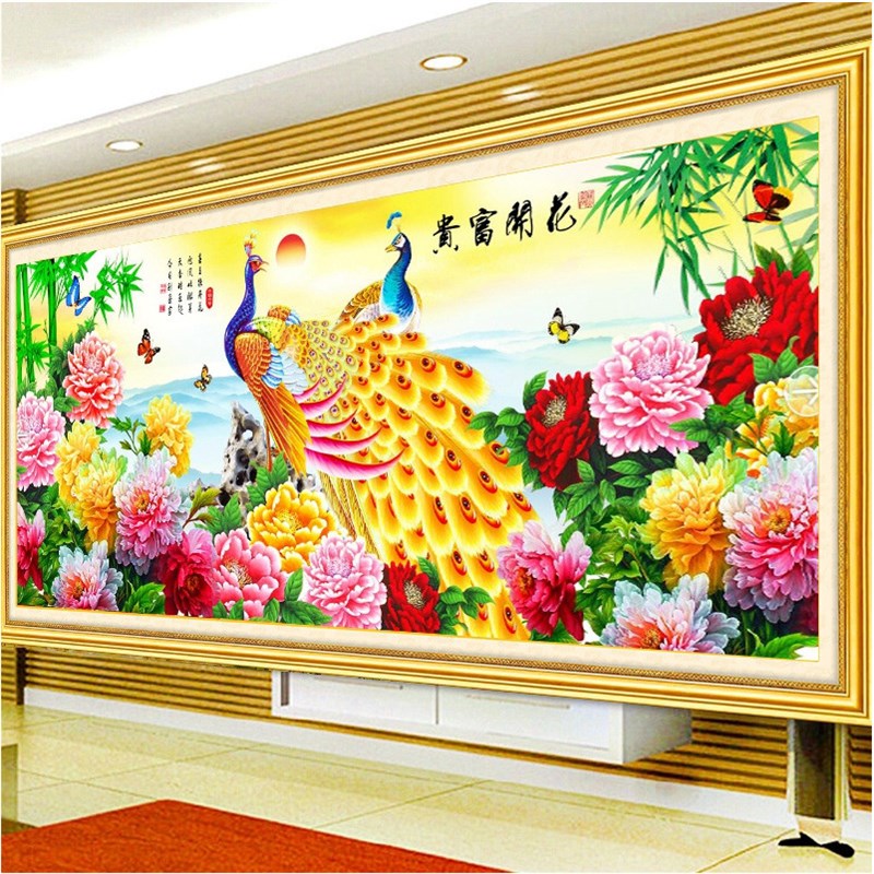 2021新款钻石画满钻客厅粘贴钻十字绣孔雀金色花开富贵点砖石秀5D