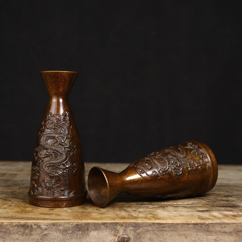 复古桌面装饰品小摆件黄铜龙凤酒壶分酒器黄铜小花瓶仿古小铜器