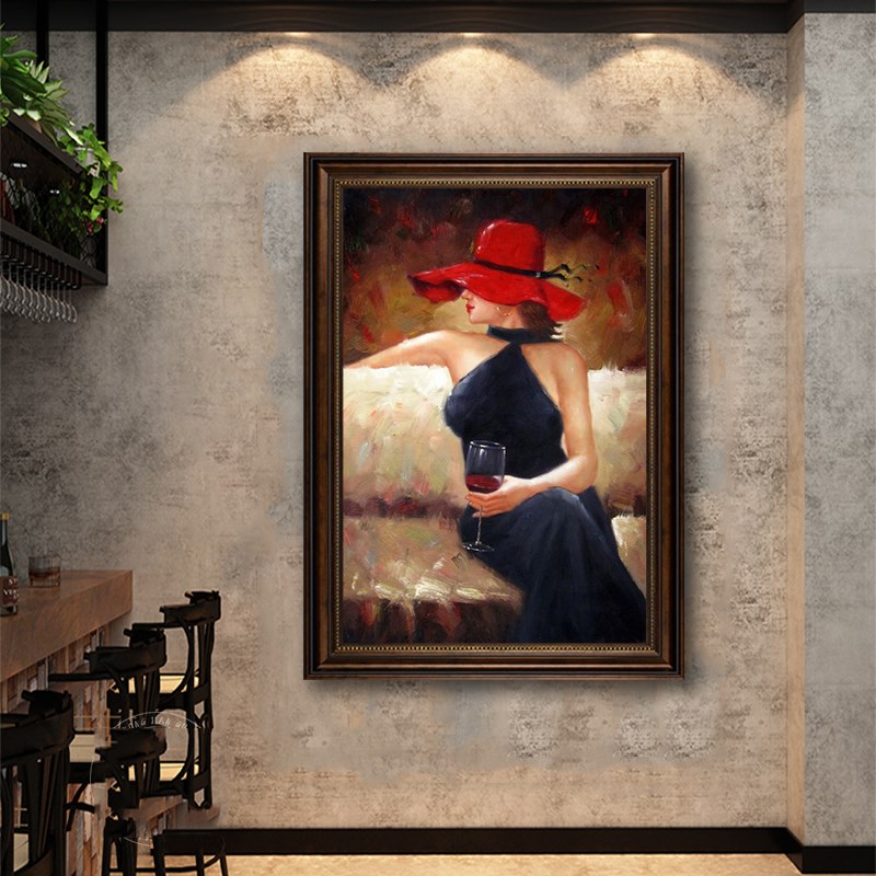 复古红酒美女油画西餐厅墙面装饰画工业风酒吧清吧音乐餐吧挂画