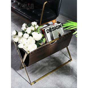 北欧不锈钢皮革书报架落地储物架子家用杂志收纳架报纸报刊置物架