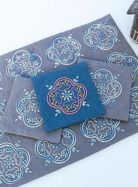 窗花茶席刺子绣材料包灰色湖蓝色手工解闷自绣隔热垫茶道22*30cm