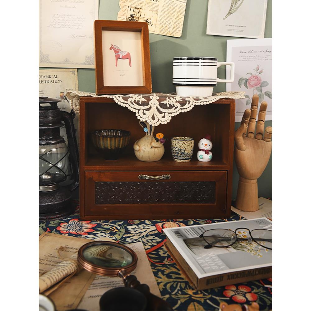 木质柜创意复古桌面办公室收纳盒抽屉式护肤化妆品香水整理置物架