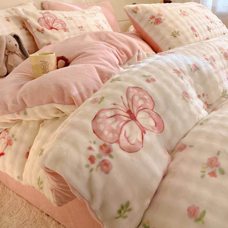 冬季加绒泡泡绒四件套床上用品双面牛奶绒加厚床单被套冬天床笠款