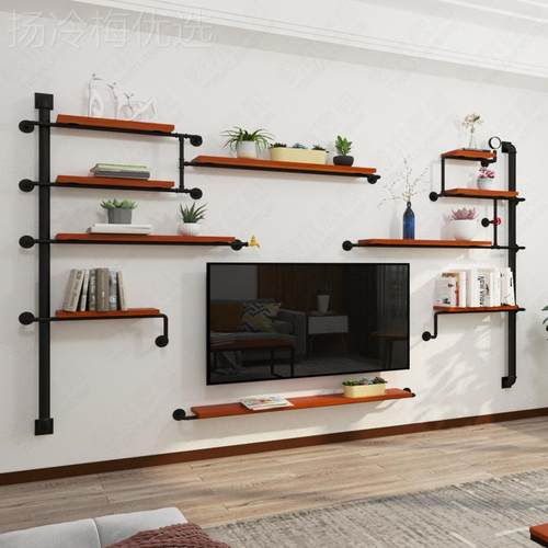 工业风电视背墙 收创意饰置物架 ZYW景墙装上铁艺实木纳架书架花