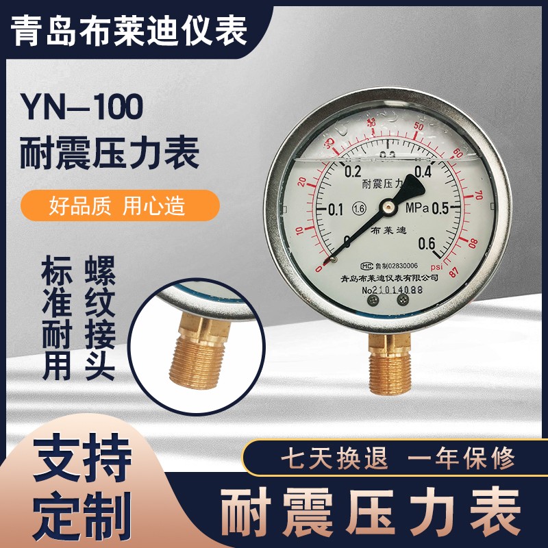 耐震压力表YN-100抗震气压表水压油压表1.6mpa青岛布莱迪仪表正品