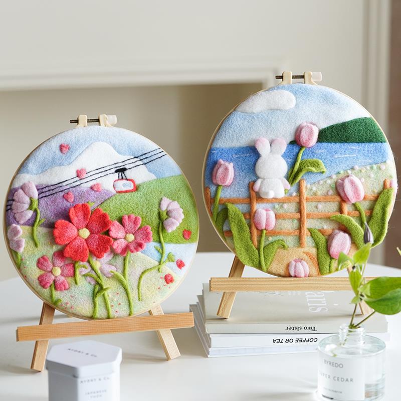 羊毛毡戳戳乐diy材料包情侣手工礼物花卉绣绷相框装饰画新年摆件
