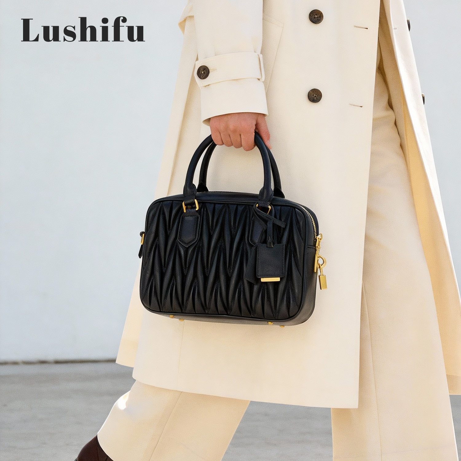 鹿师傅羊皮褶皱保龄球包女单肩斜挎包小众高级感新款小方包宽宽包,箱包皮具/热销女包/男包,小方包,淘宝优惠券,粉丝福利购,淘宝优惠卷