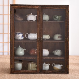 实木茶杯博古架桌面收纳柜茶具防尘玻璃化妆品展示茶柜茶壶置物架