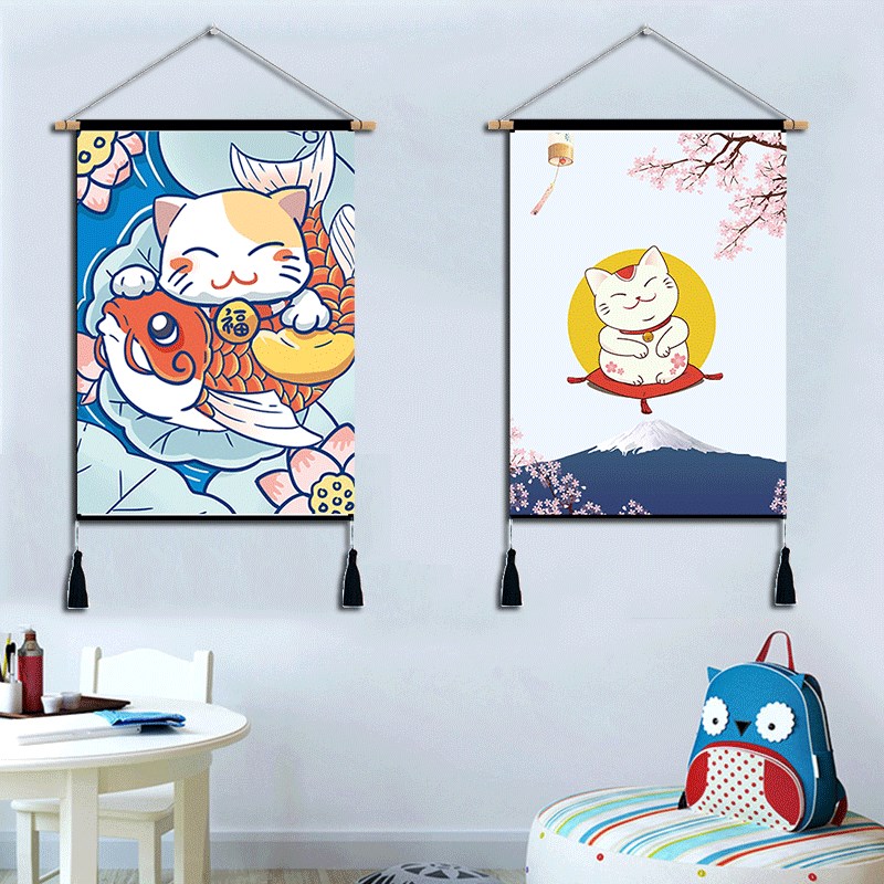 日式招财猫挂布挂毯壁毯装饰画宿舍客厅挂画布艺背景布简约挂饰图片