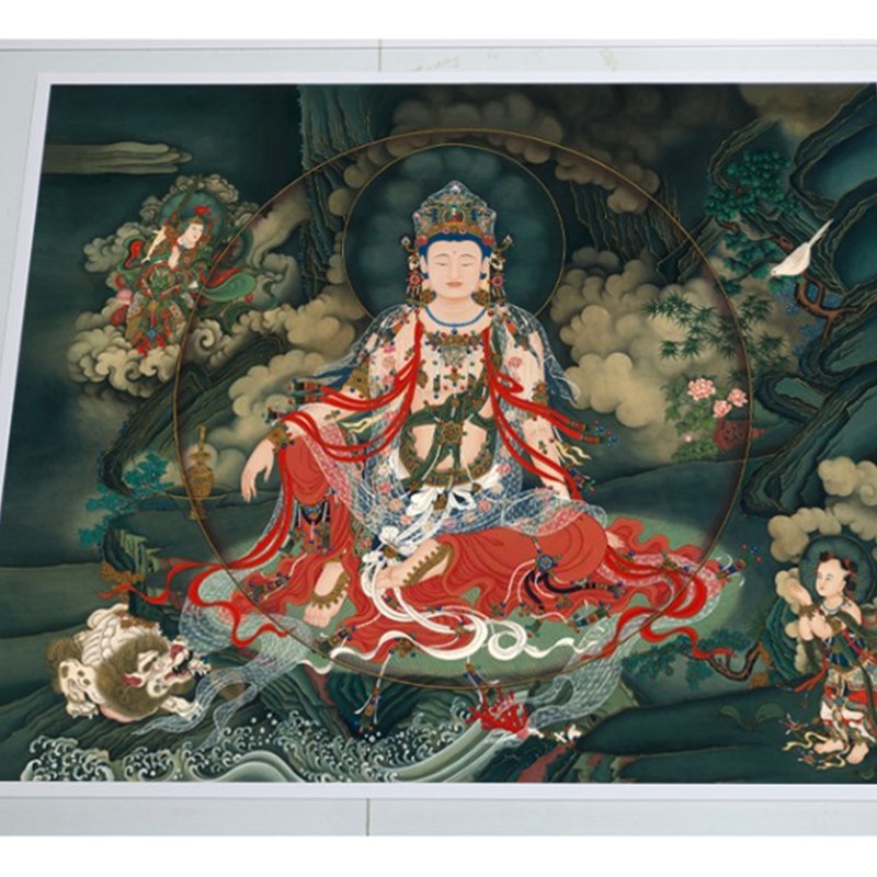 近代水月观音坐像菩萨画像工笔佛画高清艺术微喷复制装饰画画心
