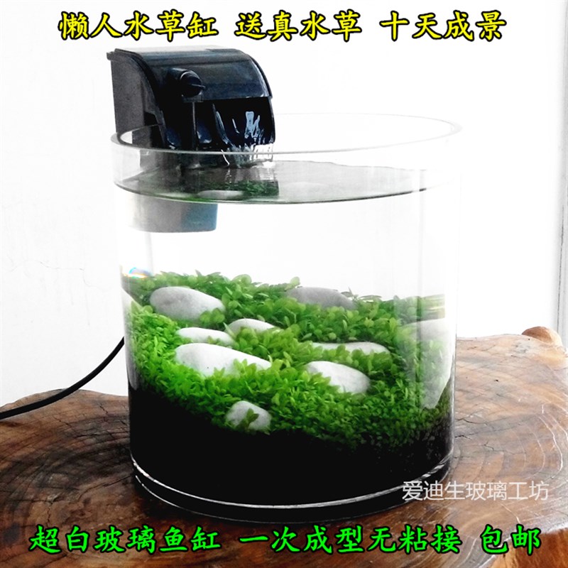 懒人水草缸超白玻璃圆形鱼缸圆柱形直筒缸超白水草缸包邮送真水草
