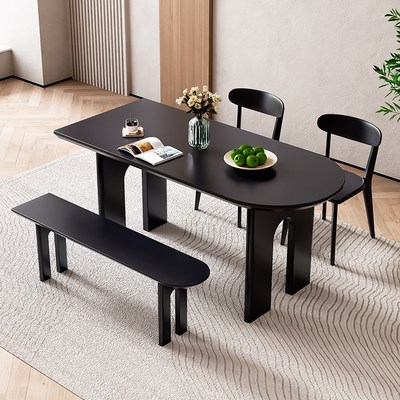 实木岛台餐桌一体艺术长方形靠墙半圆弧椭圆形家用书桌餐桌椅组合