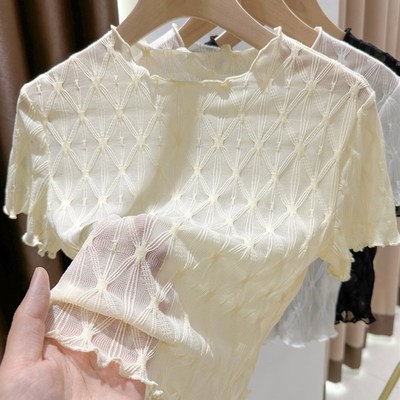 低领吊带裙内搭蕾丝打底衫女半截短袖t恤薄纱透明白网纱叠穿罩衫