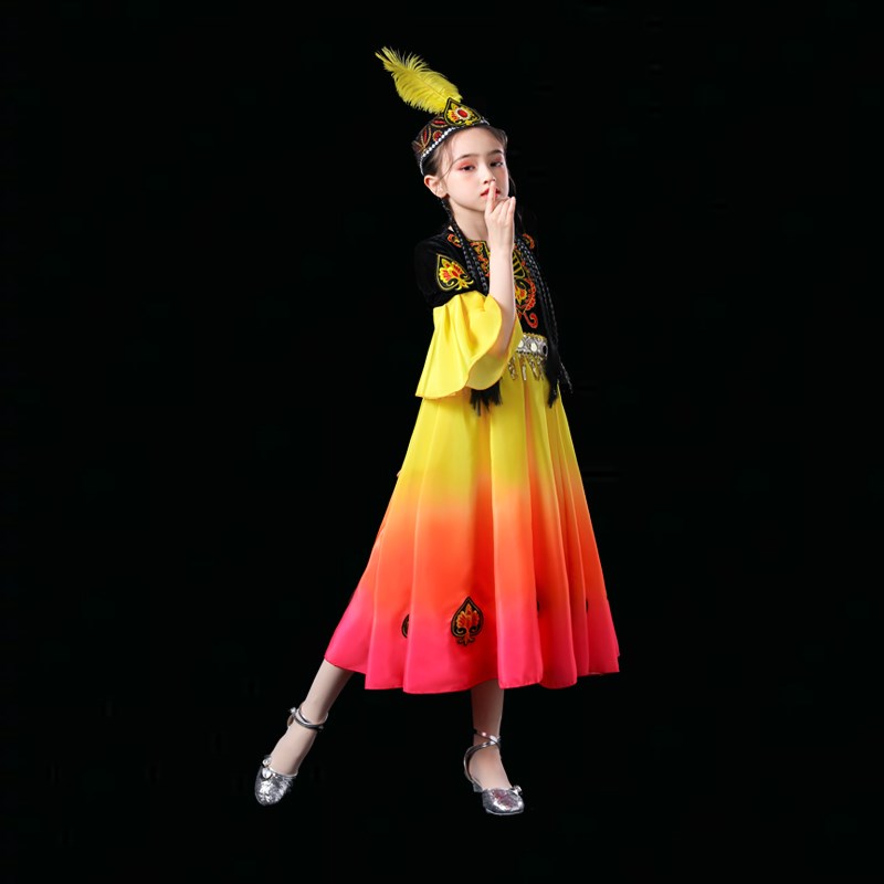 新疆舞蹈演出服儿童维吾尔族舞蹈裙古丽表演服少数民族哈萨克服装
