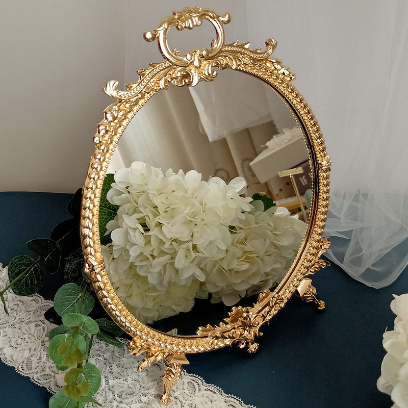 化妆镜大号台式单面镜桌面复古小圆镜欧式梳妆台高清公主法式镜子