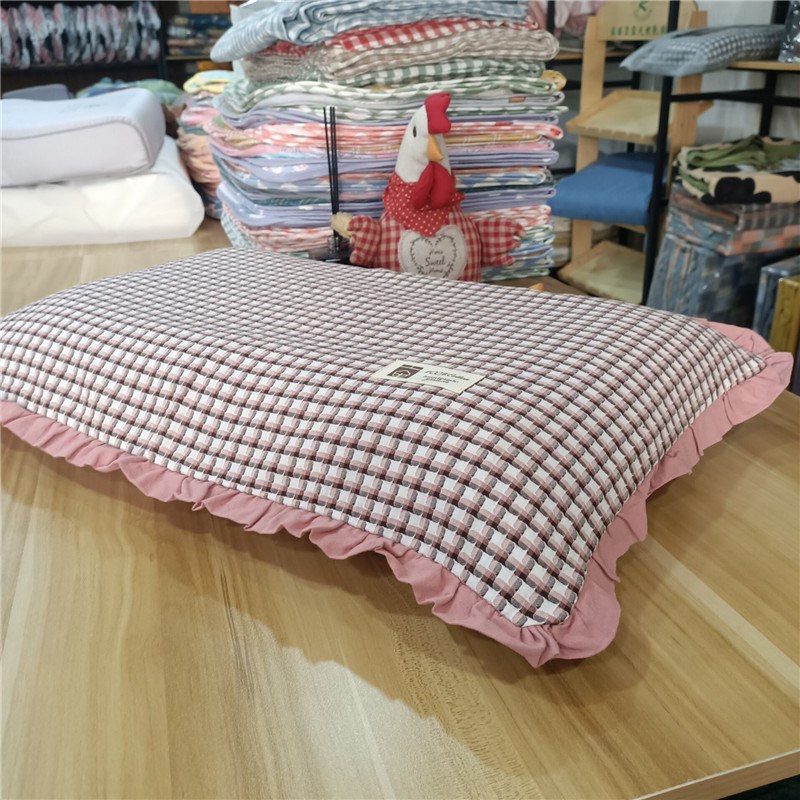 水洗纯棉韩式花边枕头套学生格子40*60小清新成人48*74一对装