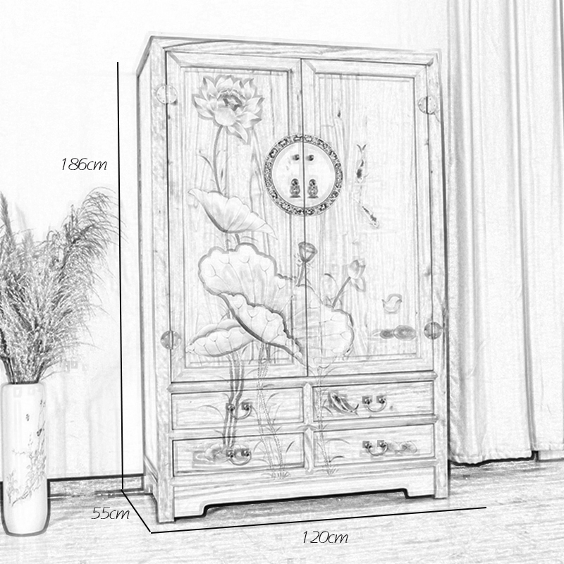 香樟木衣柜一米二实木衣橱双门彩绘衣柜整装家具新中式大衣柜
