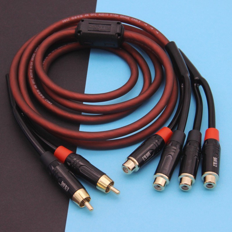 二分四音频线莲花头音响线CD功放连接DSP两组音箱2分4RCA母屏蔽线