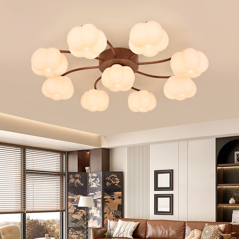 客厅灯新款奶油风棉花灯中古胡桃主灯全光谱吸顶灯中山灯具P271