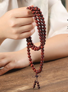 小叶紫檀手串女108颗念珠佛珠戴脖子男血檀木质多圈手錬文玩盘珠