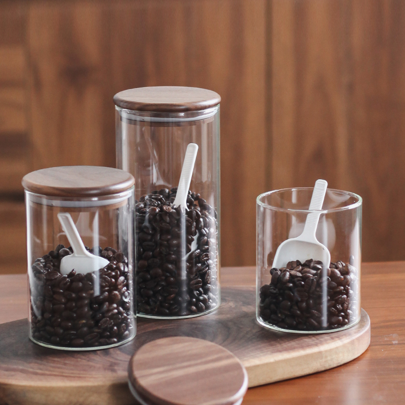 带勺黑胡桃木盖咖啡豆罐