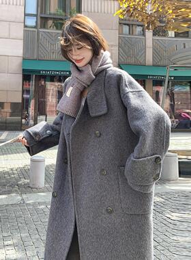 灰色双面羊绒大衣女冬季新款设计感小众宽松加厚70羊毛呢子外套潮