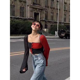 方领短款 新款 上衣 毛衣女2025年春秋季 辣妹高级感拼色镂空针织开衫