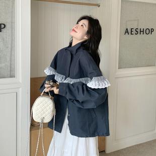 藏青色韩版 小个子休闲减龄短外套 宽松蕾丝拼接冲锋衣女春秋新款