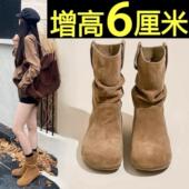 6cm～短靴韩式 圆头堆堆靴显瘦女靴2025年新款 简约美配裙子中筒靴