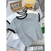 t恤女夏装 纯棉短袖 2025新款 圆领短款 修身 显瘦撞色薄款 百搭打底衫