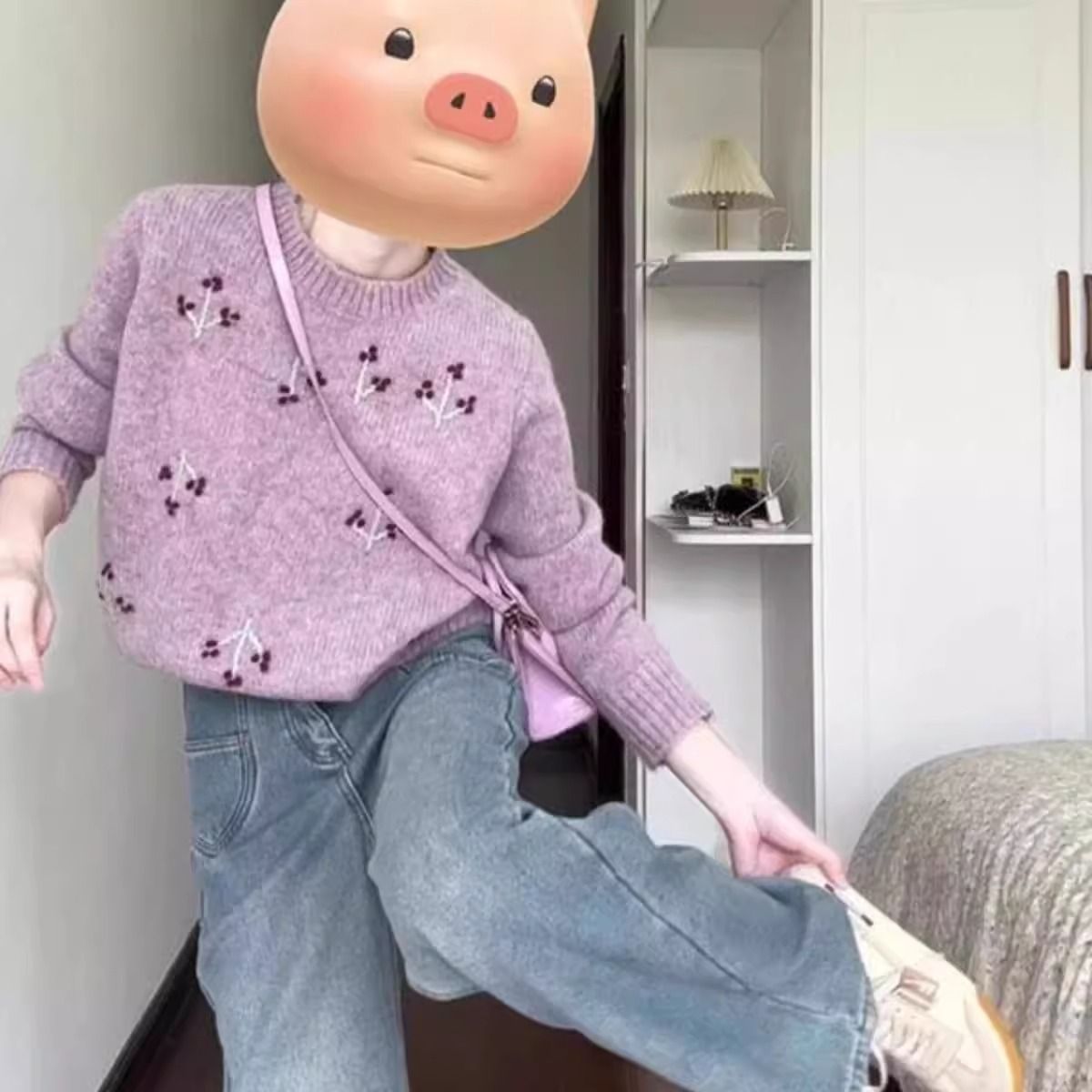 韩系慵懒风复古圆领长袖毛衣女秋冬新款设计感刺绣小个子针织上衣