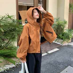 韩系短款 2025新款 穿搭夹克上衣小个子 外套女秋季 南瓜色冲锋衣工装
