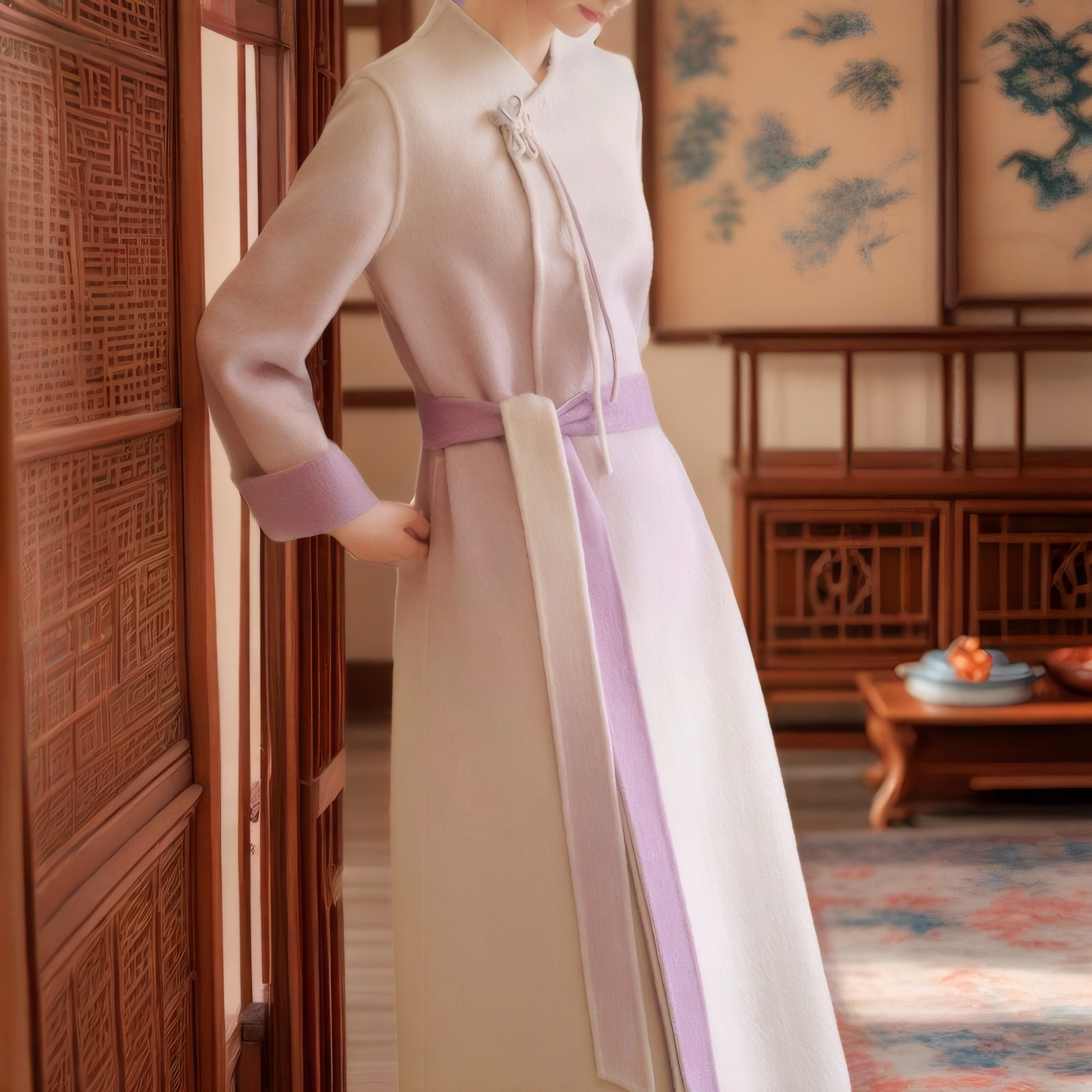 夹绒秋冬新款中式现代国风文艺中国长袖改良版系带立领风衣外套女