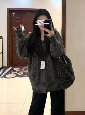 灰色麻花v领加厚套头毛衣女秋冬季宽松慵懒风高级感中长款针织衫