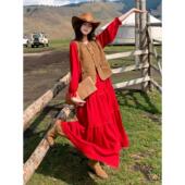 川西新疆旅游度假长袖 连衣裙套装 一整套穿搭云南高级感马甲两件套