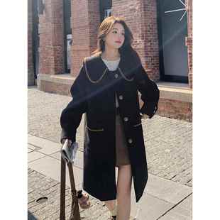 黑色学院风娃娃领毛呢外套女秋冬2024新款 大衣 小个子高级感中长款