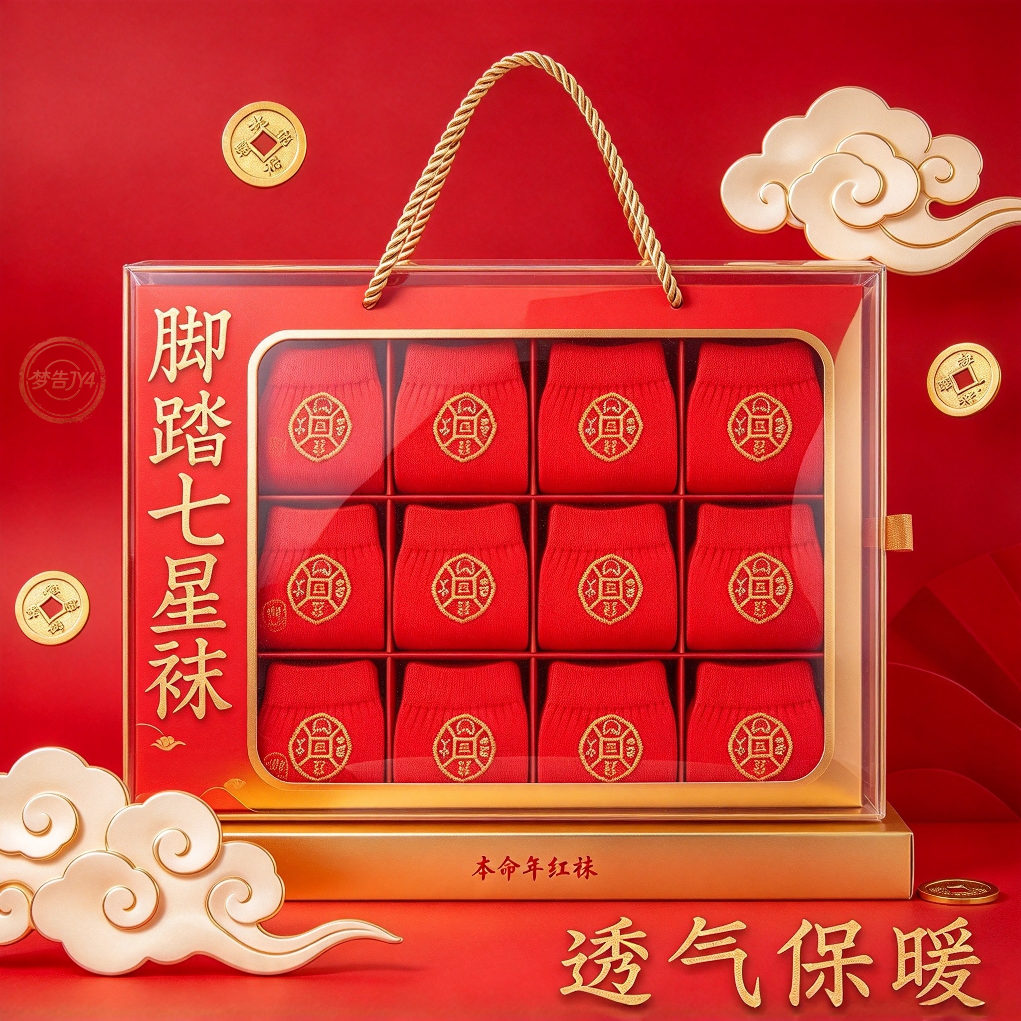 脚踏七星鸿运红中筒袜吸汗透气