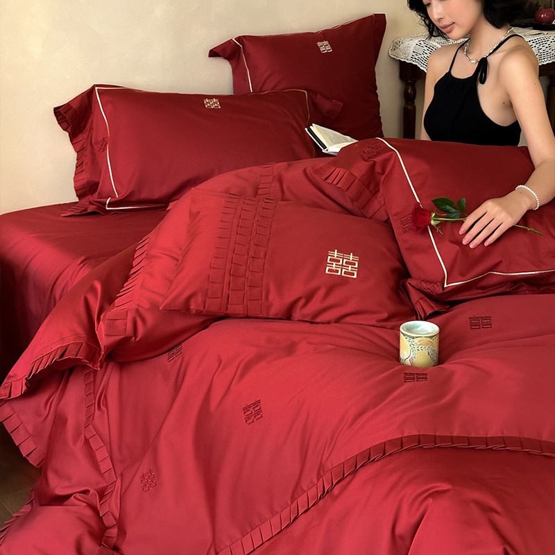 婚庆轻奢100S长绒棉四件套全棉喜字刺绣红色纯棉结婚被套床单床品