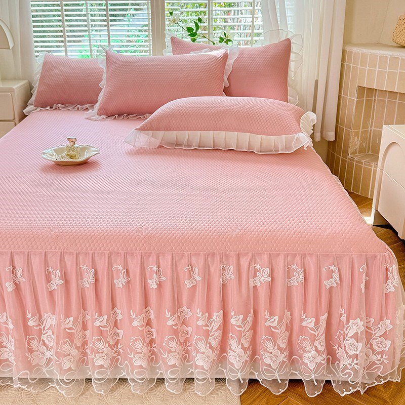 公主风花边床裙款冰豆豆凉席夏季床单带裙边空调软席夏凉被四件套