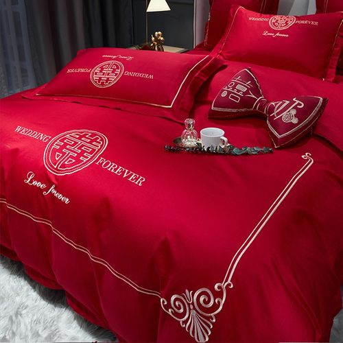 结婚床上用品四件套大红色婚庆床品喜庆中式红色新婚被套床单刺绣