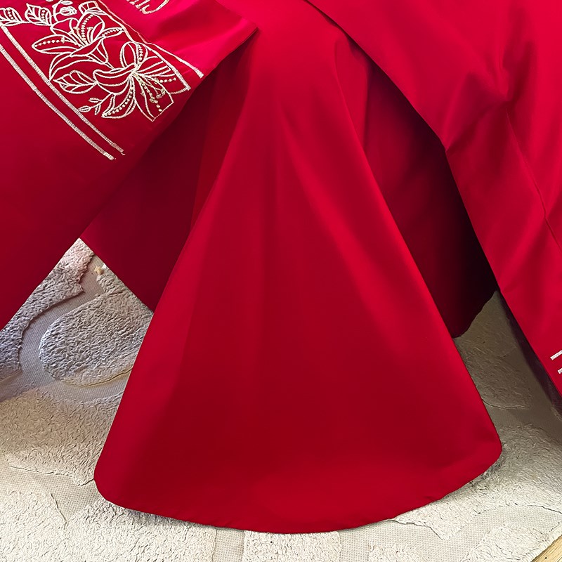 高档简约结婚四件套大红色新婚床单被套纯棉婚庆床上用品婚房喜被