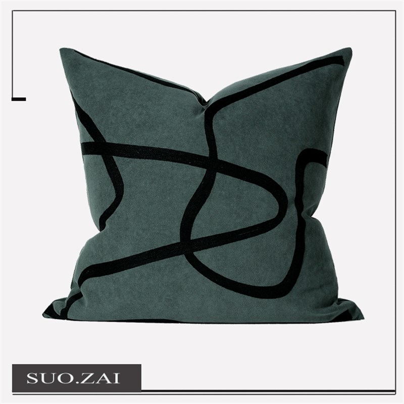 简约现代客厅沙发靠垫靠包抱枕墨绿色抽象线条绣花靠枕样板房方枕