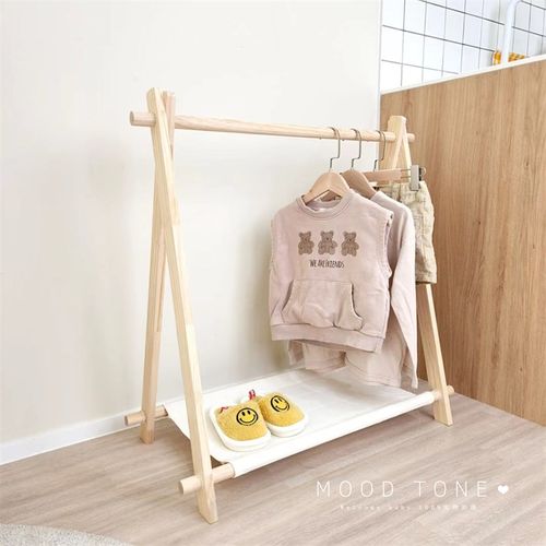 韩国ins儿童衣帽架原木风落地衣架简约现代实木晾衣架可移动晒衣