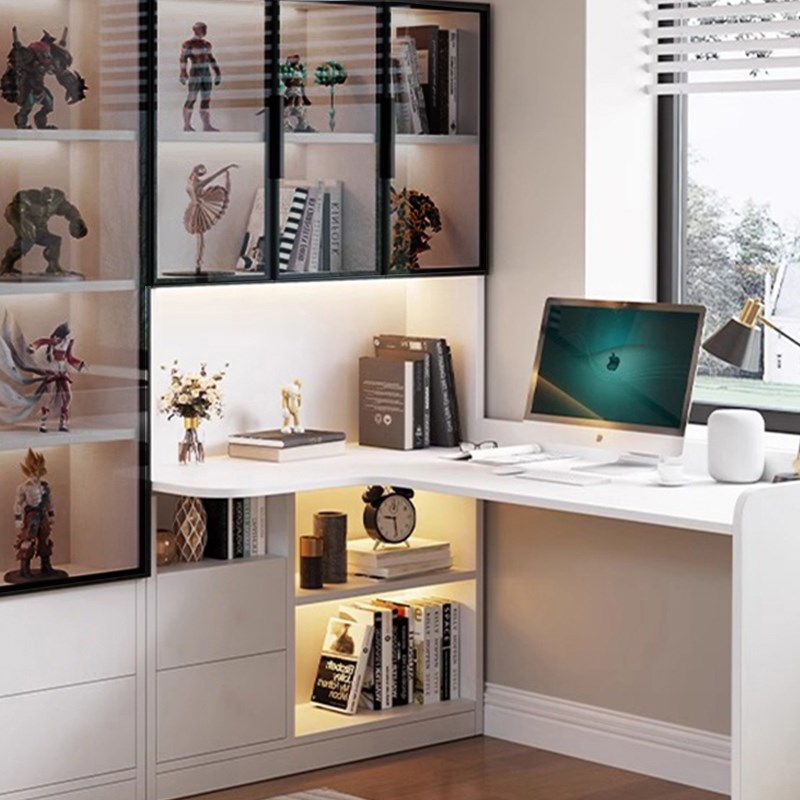 实木转角书桌书柜一体儿童学生家用电脑学习桌书架置物柜带玻璃门
