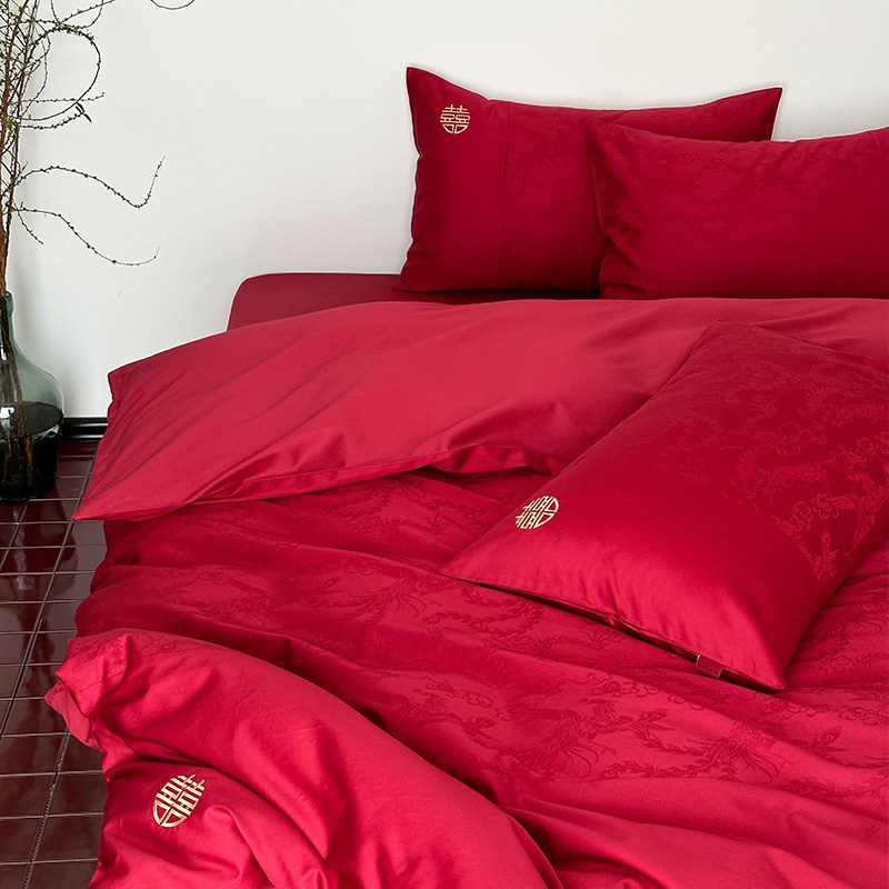 龙凤呈祥中式高级婚庆100s全棉四件套纯棉提花被套床单结婚六件套