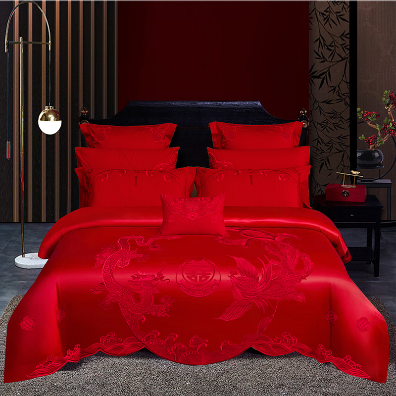 结婚庆牀上四件套全棉大红色纯棉刺绣被罩牀单式婚房喜庆4件牀品