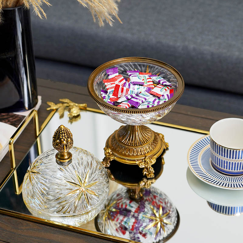 欧式金属高脚描金雕花玻璃装饰收纳罐摆件 客厅餐厅奢华糖果罐