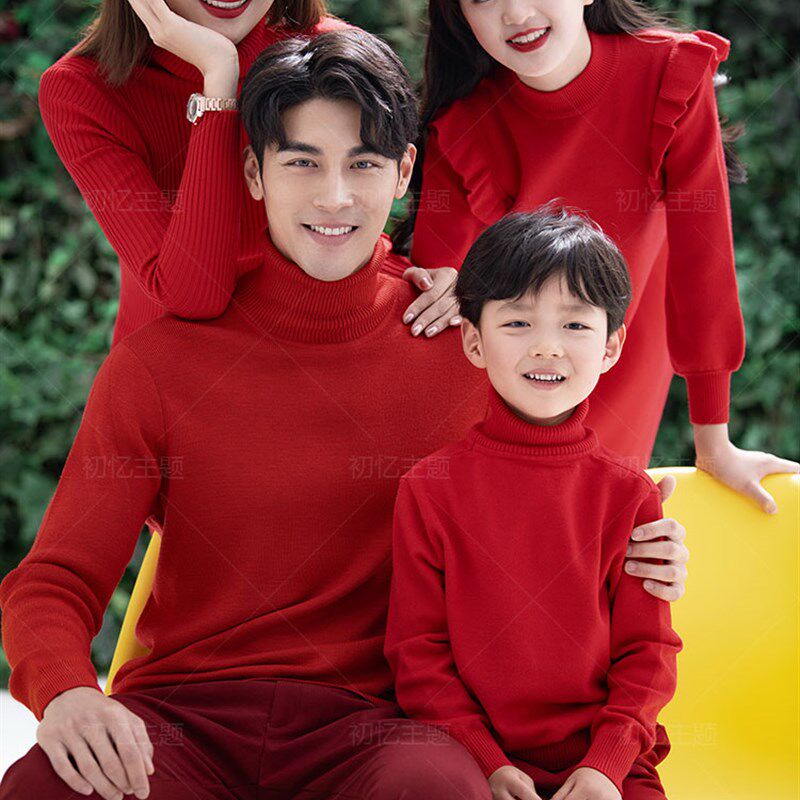 新款影楼亲子主题拍照服装红色新年毛衣全家福一家六口日常套装秋