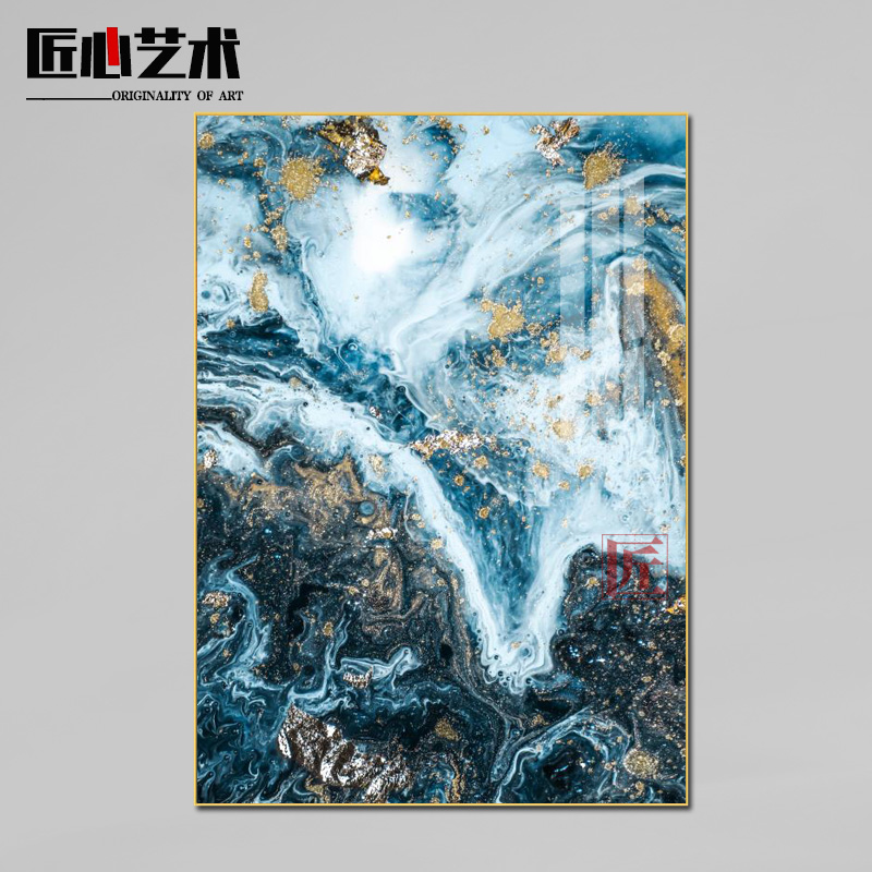欧式水墨波浪抽象客厅装饰画沙发背景墙后现代金色蓝色挂画晶瓷画